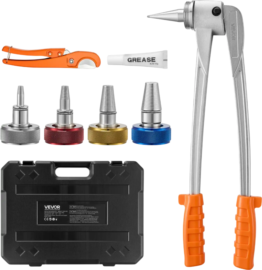 VEVOR PEX Pipe Expander Tool Kit, Manual Tubing Expansion Tool for 3/8", 1/2", 3/4", 1" PEX Pipes - with 4 Expanding Heads, Pipe Cutter & Carrying Case for Radiant Heating & Water Plumbing System
