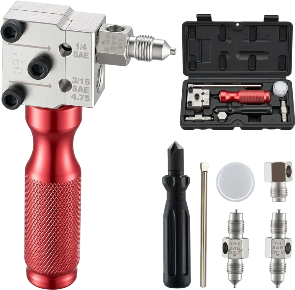 VEVOR Brake Line Flaring Tool Kit, 45° Single & Double Flare Tool for 3/16", 1/4" Copper Tubing - with 2 Forming Dies, Deburring Tool & Toolbox for Automotive Brake Hydraulic Line Repair