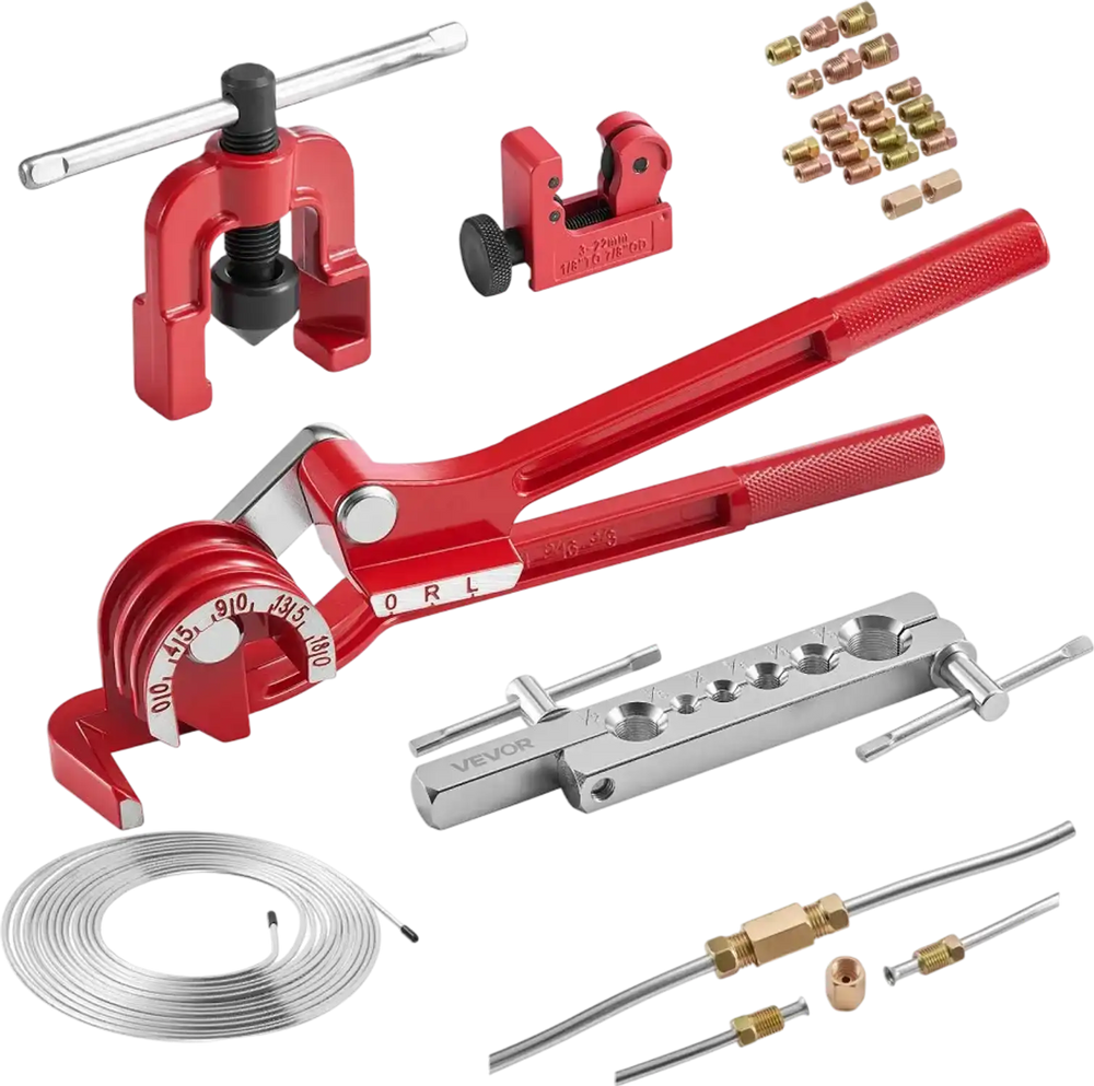VEVOR 3/16" Brake Line Repair Kit, 45° Single Brake Line Flaring Tool Kit, 25FT Copper-Coated Brake Line with 20 Fittings & 2 Unions, 3-in-1 Tube Bender (1/4", 5/16", 3/8"), Tube Cutter Included
