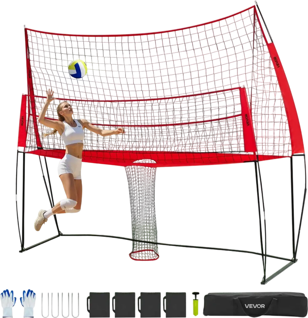 VEVOR 2-in-1 Volleyball Training Net System, Freely Height-Adjustable Practice Equipment with Ball Return, Portable Net Station, Easy Setup for Backyard Indoor Outdoor Serving Spiking Improve Accuracy