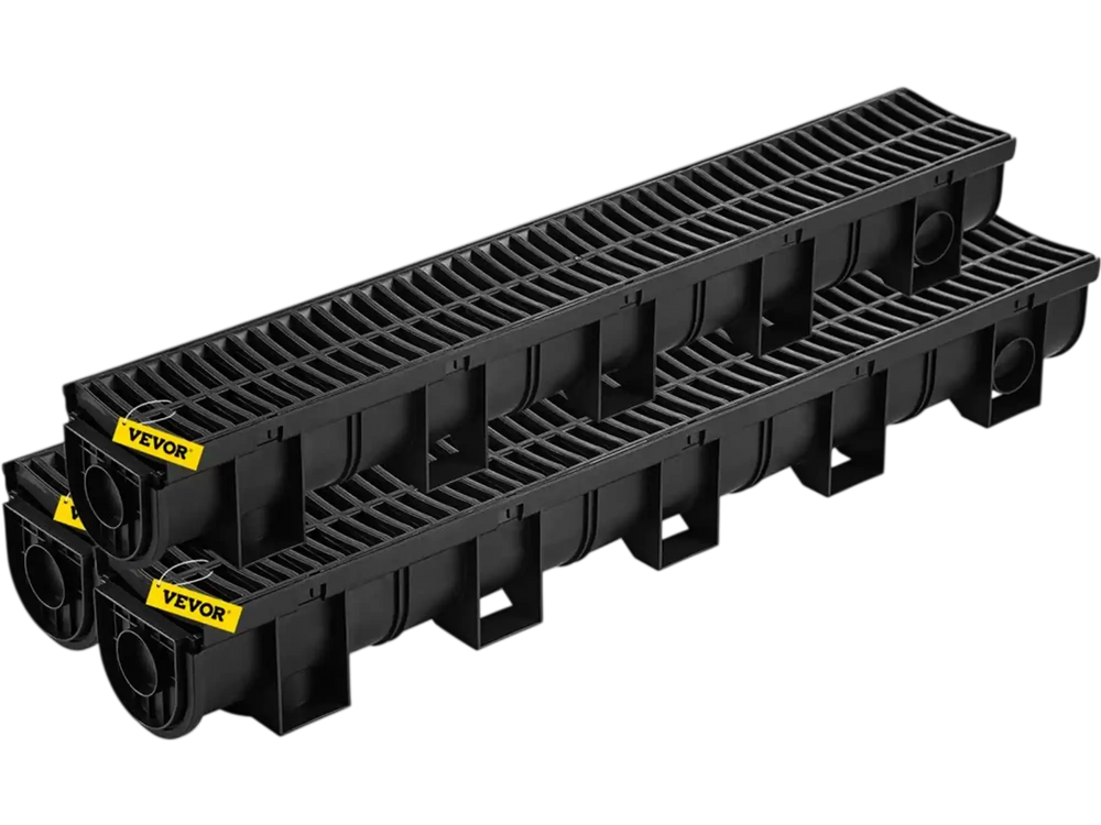 VEVOR Trench Drain System,5.8x5.2x39.4-Inch HDPE Drainage Trench,Channel Drain with Plastic Grate,Black Plastic Garage Floor Drain,3x39 Trench Drain Grate,with 3 End Caps, for Garden, Driveway-3 Pack