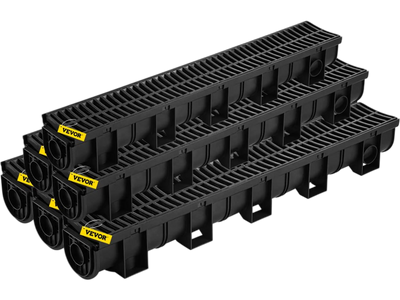 VEVOR Trench Drain System, Channel Drain with Plastic Grate, 5.9x5.1-Inch HDPE Drainage Trench, Black Plastic Garage Floor Drain, 6x39 Trench Drain Grate, with 6 End Caps, for Garden, Driveway-6 Pack