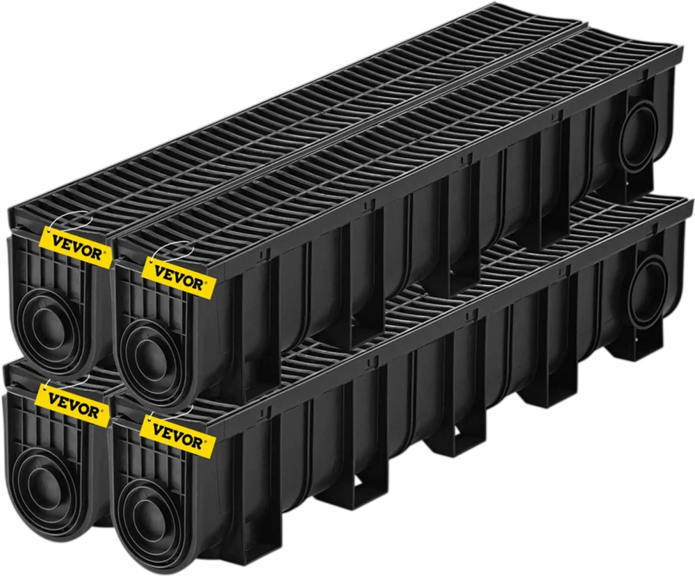VEVOR Trench Drain System, Channel Drain with Plastic Grate, 5.9x7.5-Inch HDPE Drainage Trench, Black Plastic Garage Floor Drain, 4x39 Trench Drain Grate, with 4 End Caps, for Garden, Driveway-4 Pack