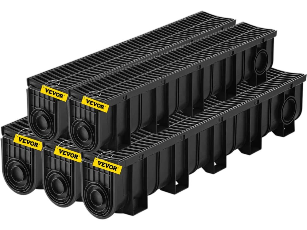 VEVOR Trench Drain System, Channel Drain with Plastic Grate, 5.9x7.5-Inch HDPE Drainage Trench, Black Plastic Garage Floor Drain, 5x39 Trench Drain Grate, with 5 End Caps, for Garden, Driveway-5 Pack