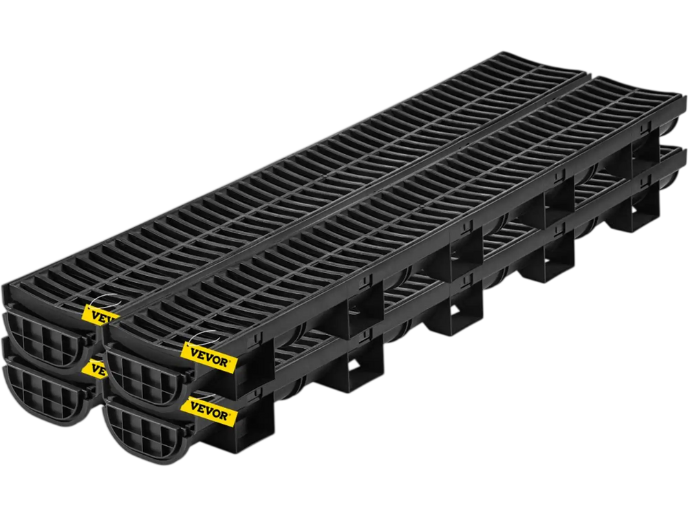 VEVOR Trench Drain System, Channel Drain with Plastic Grate, 5.7x3.1-Inch HDPE Drainage Trench, Black Plastic Garage Floor Drain, 4x39 Trench Drain Grate, with 4 End Caps, for Garden, Driveway-4 Pack