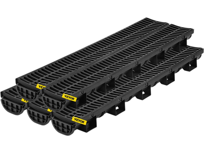 VEVOR Trench Drain System, Channel Drain with Plastic Grate, 5.7x3.1-Inch HDPE Drainage Trench, Black Plastic Garage Floor Drain, 5x39 Trench Drain Grate, with 5 End Caps, for Garden, Driveway-5 Pack