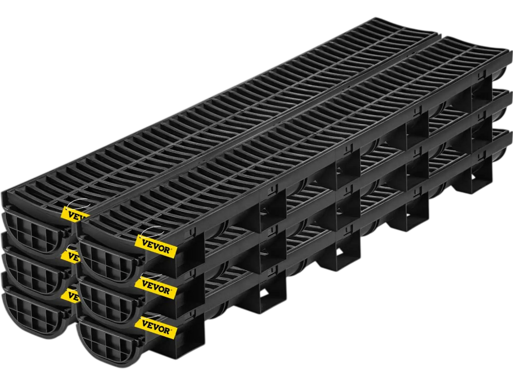 VEVOR Trench Drain System, Channel Drain with Plastic Grate, 5.8x3.1-Inch HDPE Drainage Trench, Black Plastic Garage Floor Drain, 6x39 Trench Drain Grate, with 6 End Caps, for Garden, Driveway-6 Pack
