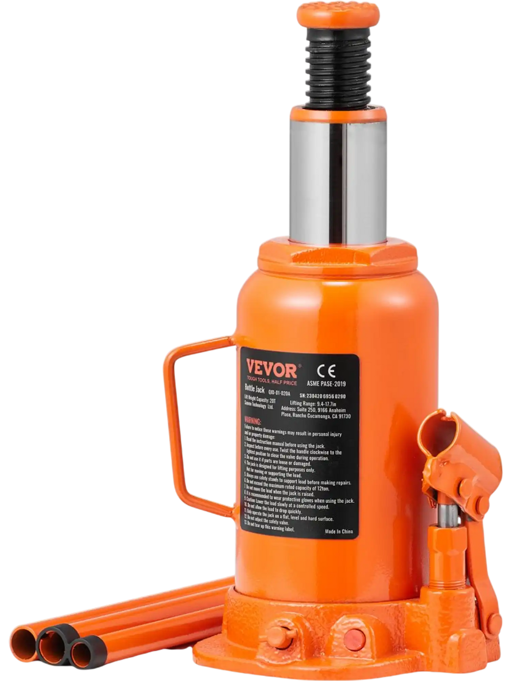 VEVOR Hydraulic Bottle Jack, 20 Ton/44092 LBS All Welded Bottle Jack, 7.5-14 inch Lifting Range, with 3-section Long Handle, for Car, Pickup Truck, Truck, RV, Auto Repair, Industrial Engineering