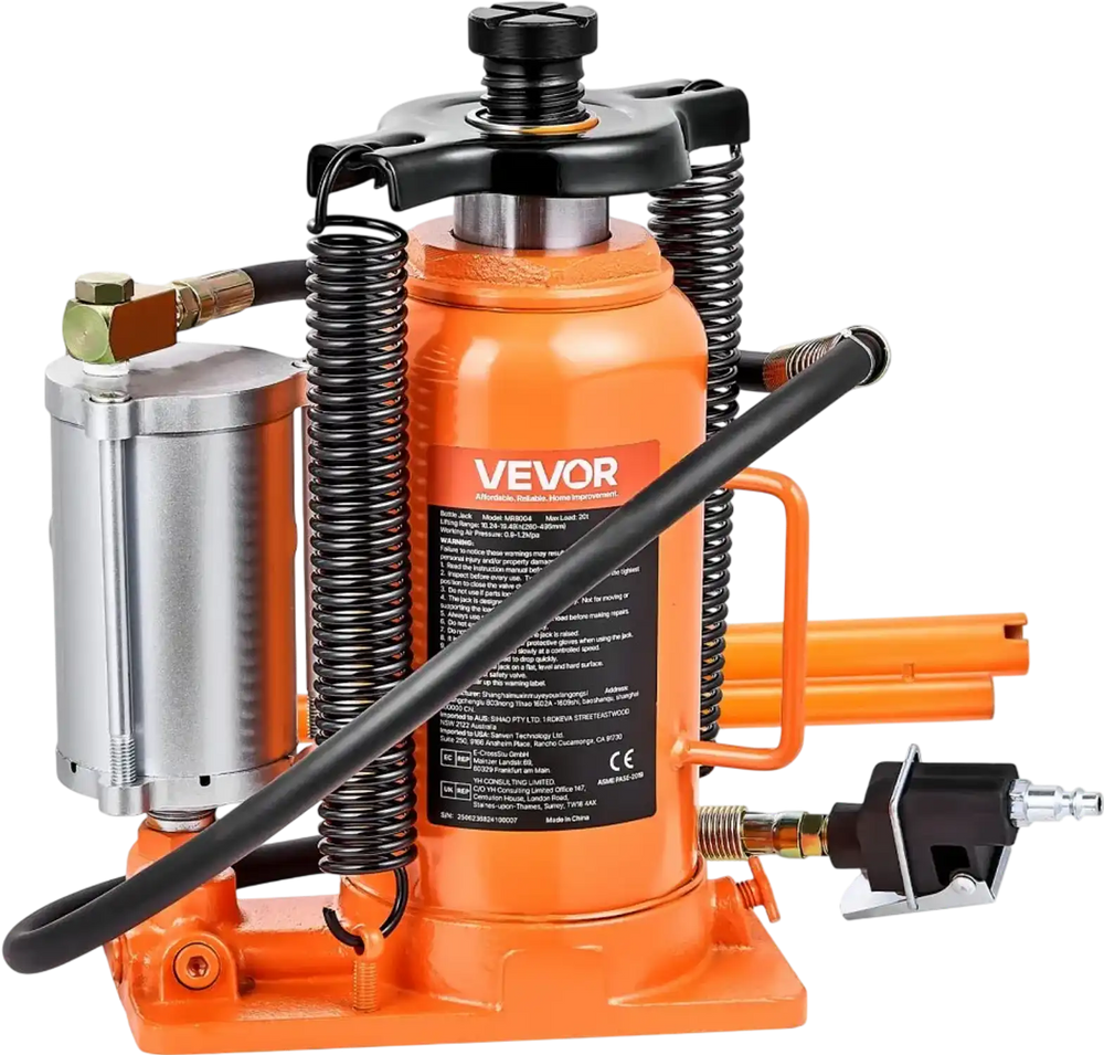 VEVOR Air Hydraulic Bottle Jack, 20 Ton (44092 lbs) Capacity, 10.2-19.5 Inch Lifting Range, Pneumatic/Manual Heavy Duty Welded Bottle Jack with Pump for Car, SUV, Pickup, Truck, RV Auto Repair, Orange
