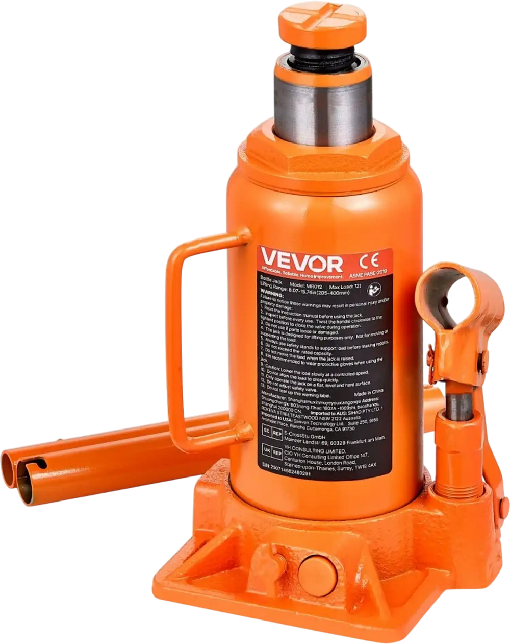 VEVOR Hydraulic Bottle Jack, 12 Ton (26455.5 lbs) Capacity, 8.1-15.7 Inch Lifting Range, Heavy Duty Welded Bottle Jack for Car, SUV, Pickup, Auto Repair, House Lift and Agricultural Equipment, Orange