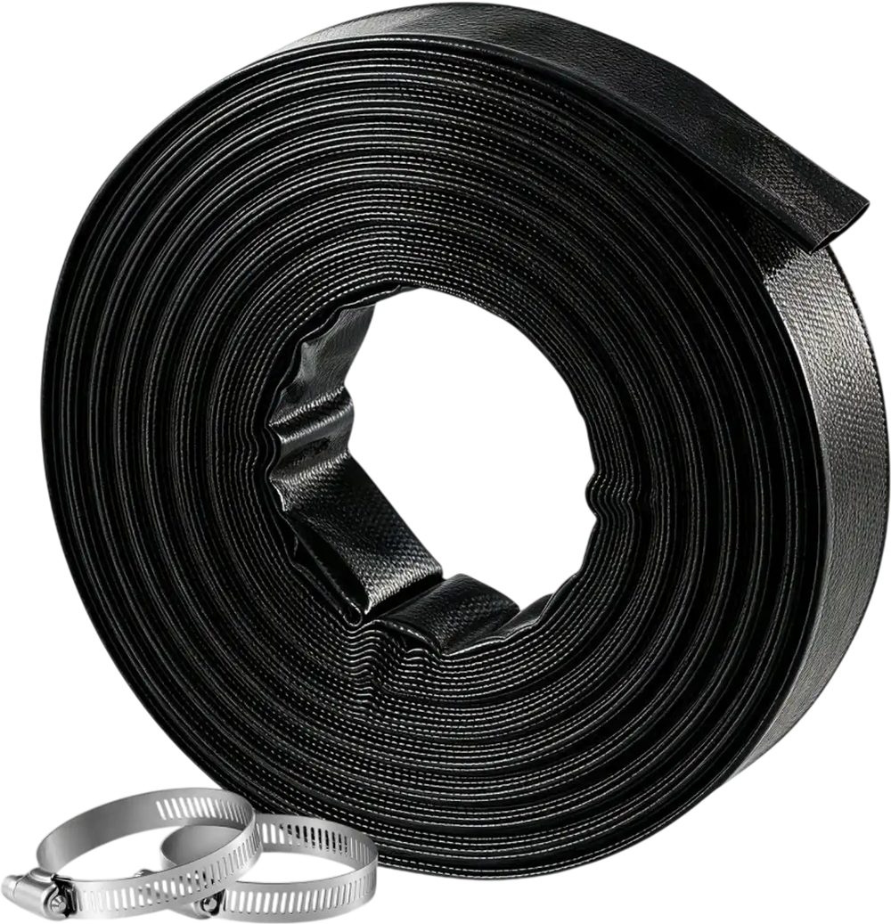 VEVOR Discharge Hose 1-1/2" x 100 ft PVC Lay Flat Backwash Water Pump Hose, for Swimming Pool Sand Filter & Sump Pump, Heavy Duty, Water Transfer Drainage, Weather & Burst-Resistant, with Clamps, Black