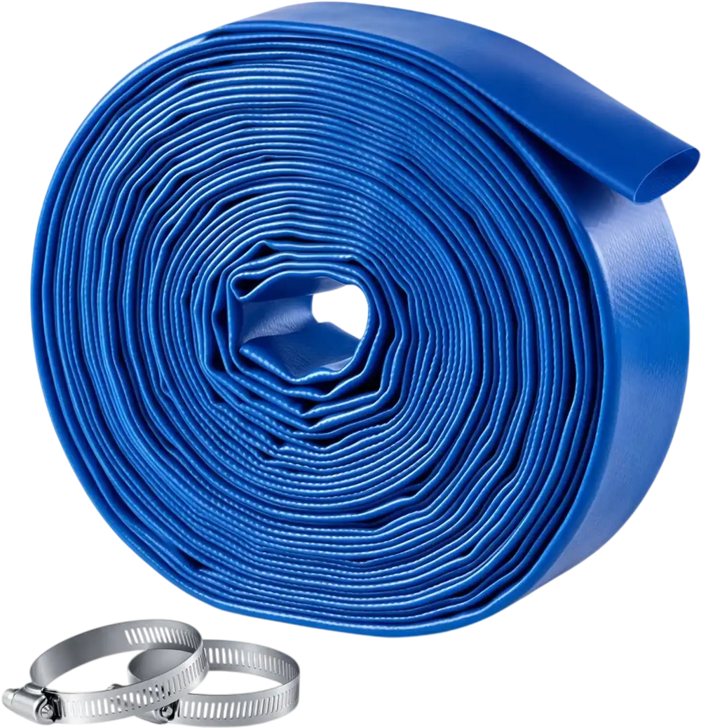 VEVOR Discharge Hose 1-1/2" x 50 ft PVC Lay Flat Backwash Water Pump Hose, for Swimming Pool Sand Filter & Sump Pump, Heavy Duty, Water Transfer Drainage, Weather & Burst-Resistant, with Clamps, Blue