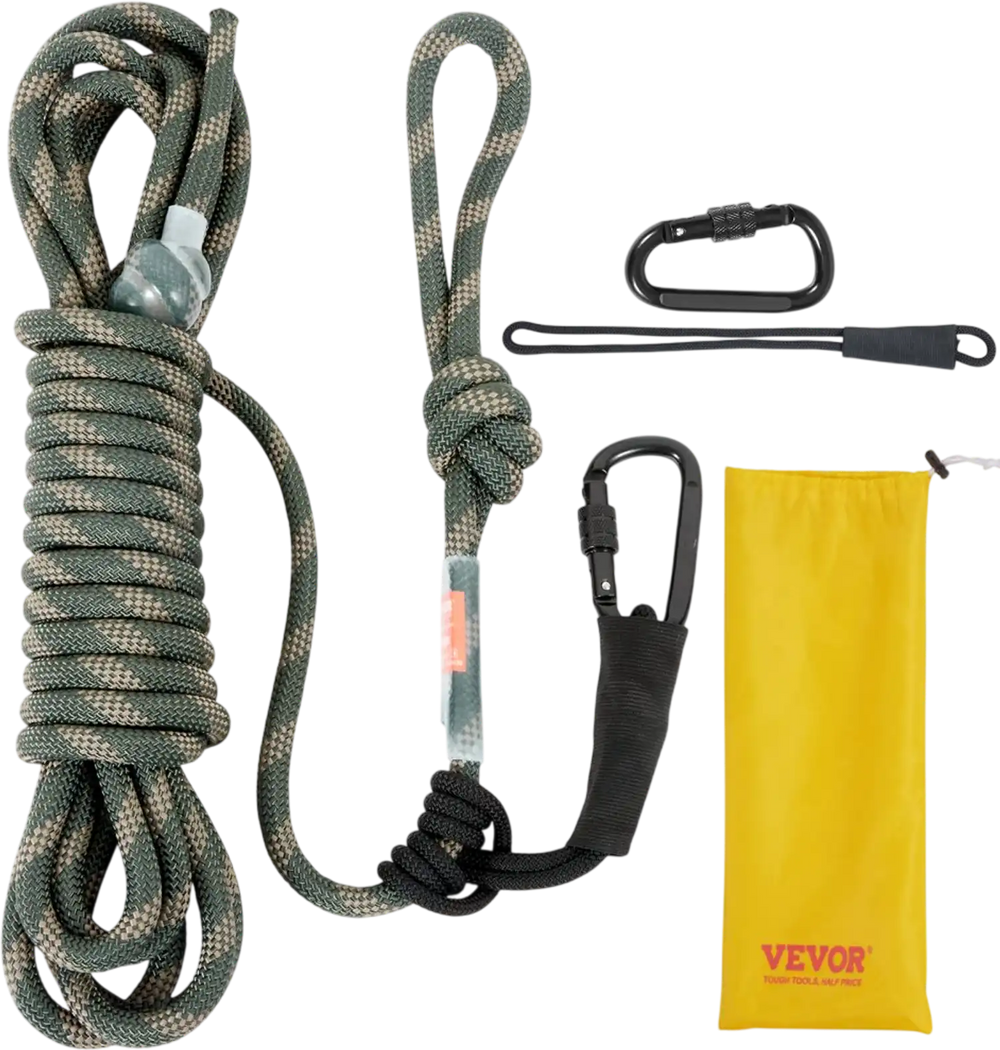 VEVOR Tree Stand Safety Rope, 30 ft/91.44 m Treestand Lifeline Rope 30KN Breaking Tension, 0.6'' Hunting Safety Line with Prusik Knot, 2pcs Carabiner and Silencer, for Treestrap and Climbing