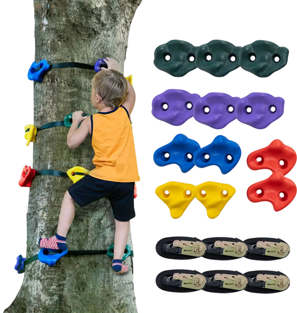 VEVOR Ninja Tree Climbing Kit, 12 Tree Climbing Holds and 6 Ratchet Straps, Large Climbing Rocks for Kids and Adults Climber, Various Colors and Shapes, for Outdoor Ninja Warrior Obstacle Training