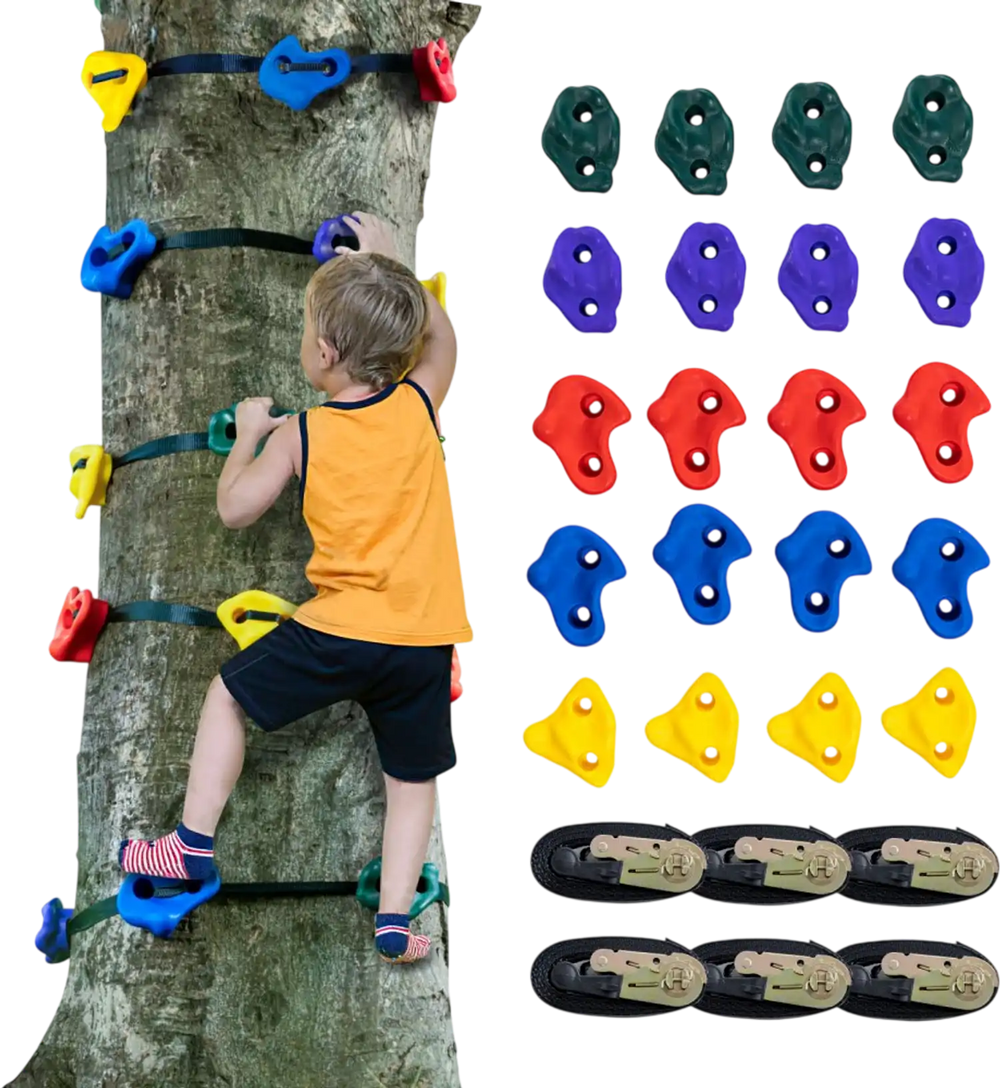 VEVOR Ninja Tree Climbing Kit, 20 Tree Climbing Holds and 6 Ratchet Straps, Large Climbing Rocks for Kids and Adults Climber, Various Colors and Shapes, for Outdoor Ninja Warrior Obstacle Training