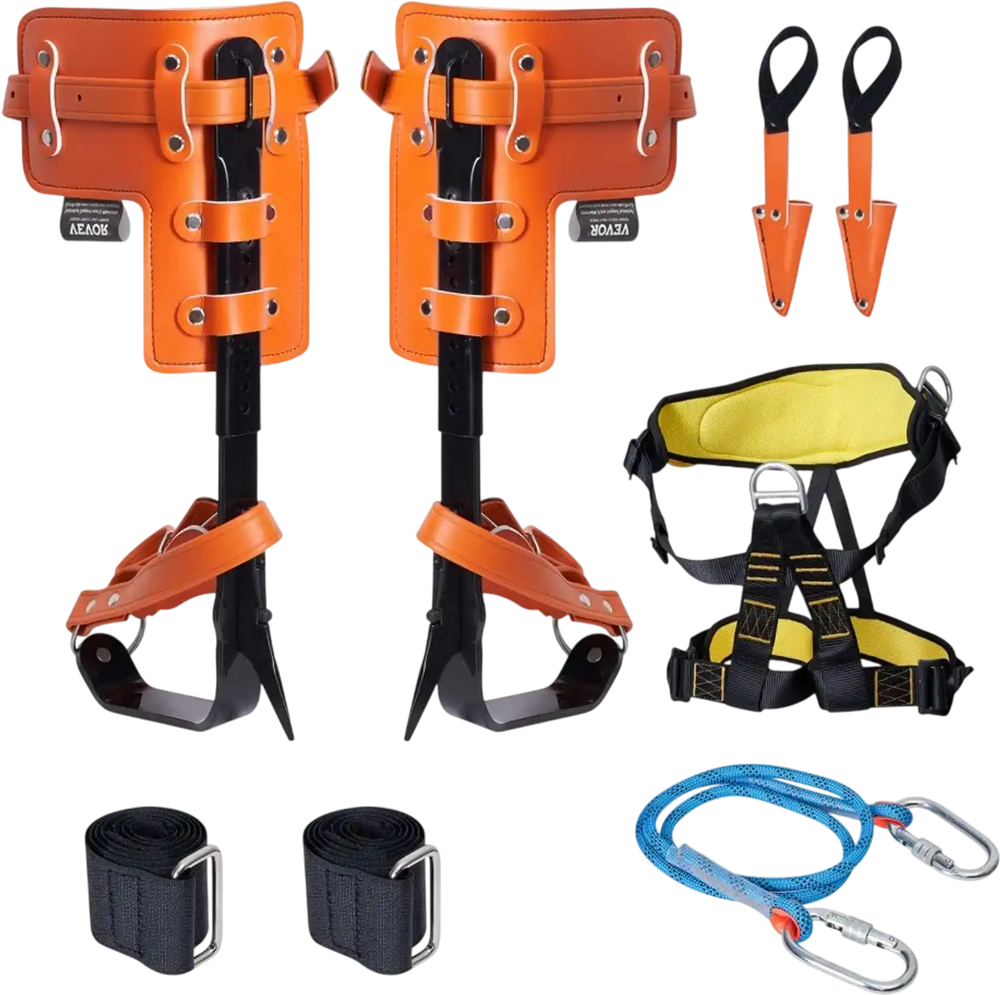 VEVOR Tree Climbing Spikes Set, 1 Pair Alloy Steel Climbing Spurs with Safety Rope and Safety Harness, 350lbs Load Capacity Tree Climbing Gear, Arborist Equipment for Climbers, Fruit Picking, Orange
