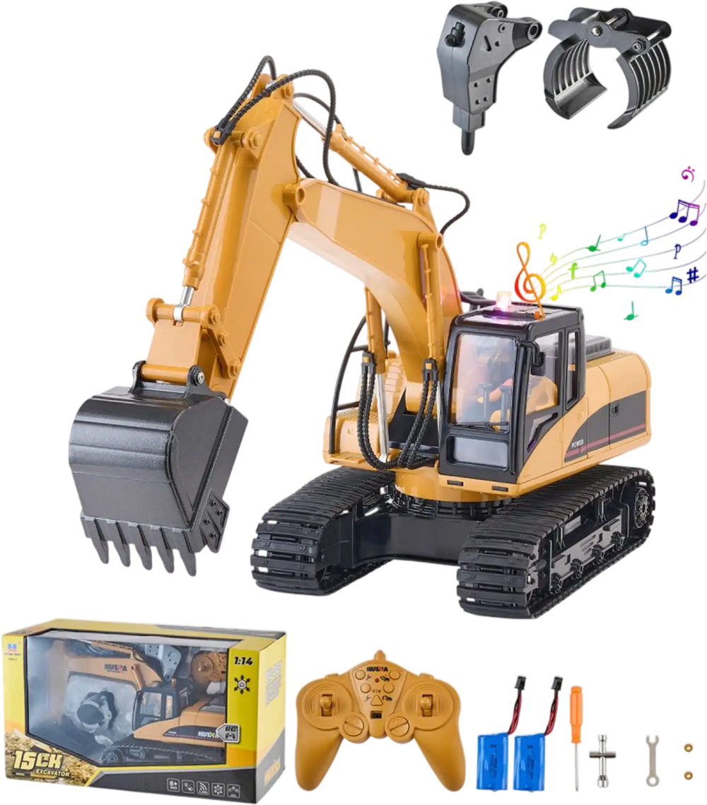 VEVOR Remote Control Excavator Toy, 15 Channel, 3 in 1 Remote Control Digger with Metal Shovel, 1:14 Scale RC Excavator with Light & Sound, Full Functional Construction Vehicles for Kids, 2 Batteries