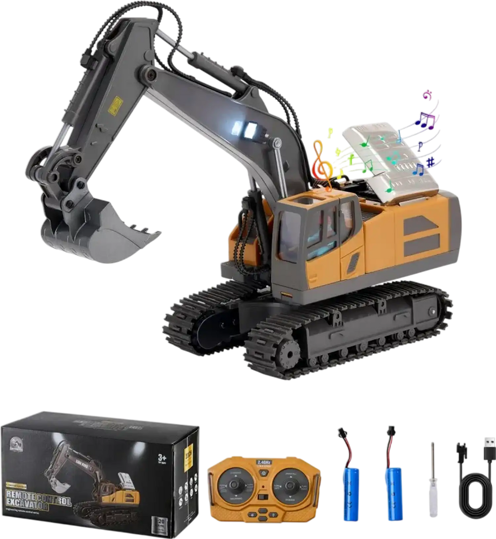 VEVOR Remote Control Excavator Toy, 11 Channel, 1:20 Scale Remote Control Digger Toy, RC Excavator with Lights & Sounds, Full Functional Construction Vehicles for Kids, 2 Batteries, Birthday Present