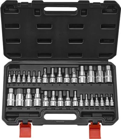 VEVOR Hex Bit Socket Set, 32-Piece, S2 Alloy Steel and Cr-V Steel, Standard SAE and Metric, 1/4 in, 3/8 in, and 1/2 in Drives, with Enhanced Storage Case, Allen Socket Set for Mechanics, Auto Repair