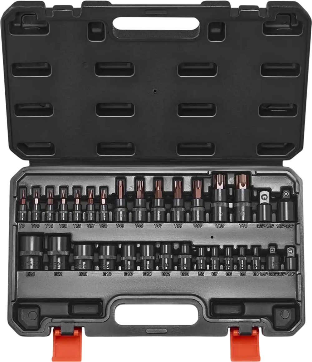 VEVOR Torx Bit Socket and External Torx Socket Set, 31-Piece T8-T70 and E4-E24, S2 Alloy Steel and Cr-V Steel, 1/4 in, 3/8 in, and 1/2 in Drives, with Adapter and Enhanced Storage Case, for Automotive
