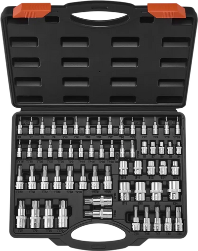 VEVOR Torx Bit Socket and External Torx Socket Set, 60-Piece T6-T70, TT6-TT70, TP8-TP60, E4-E24, S2 Alloy Steel and Cr-V Steel, 1/4 in, 3/8 in, and 1/2 in Drives, with Enhanced Storage Case, Hand Use