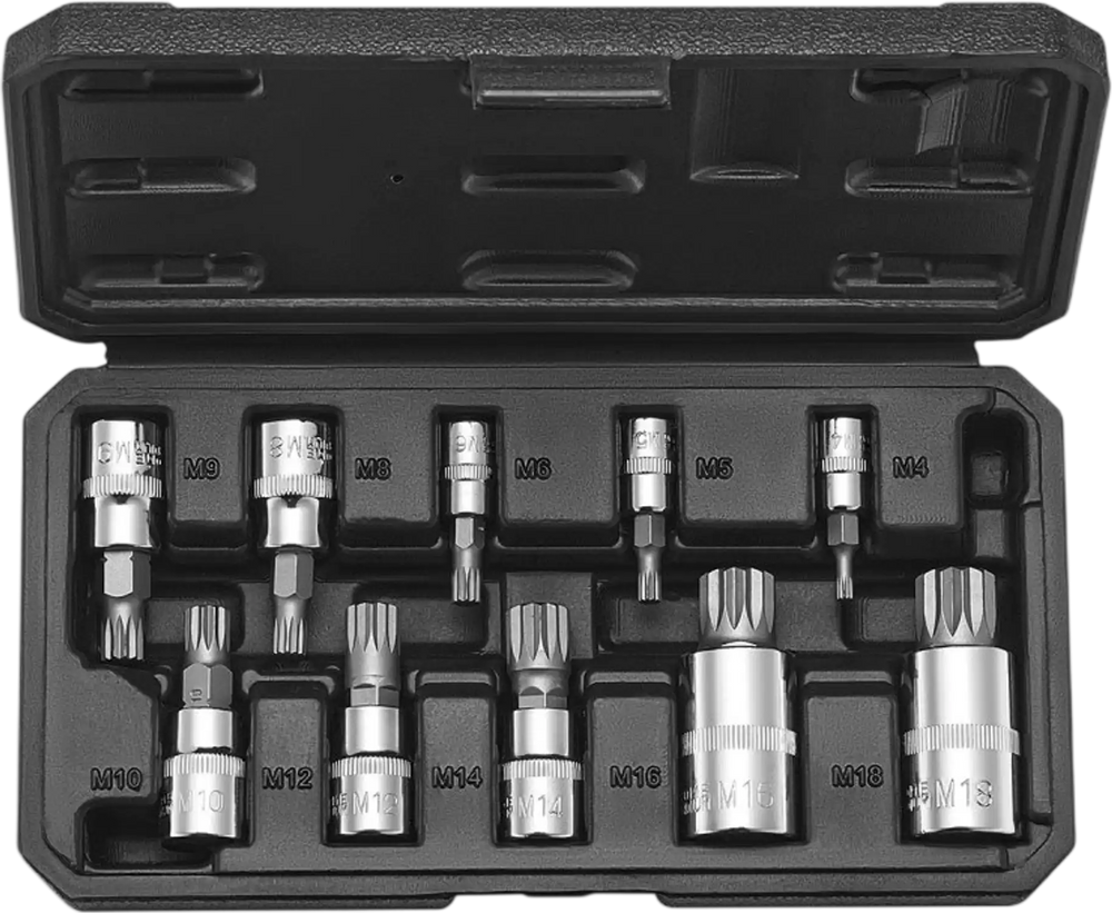 VEVOR XZN Triple Square Spline Bit Socket Set, 10-Piece M4 - M18, Premium Cr-V Steel, 1/4 in, 3/8 in, and 1/2 in Drives, with Enhanced Storage Case, Triple Square Socket Set for Hand Use, Automotive