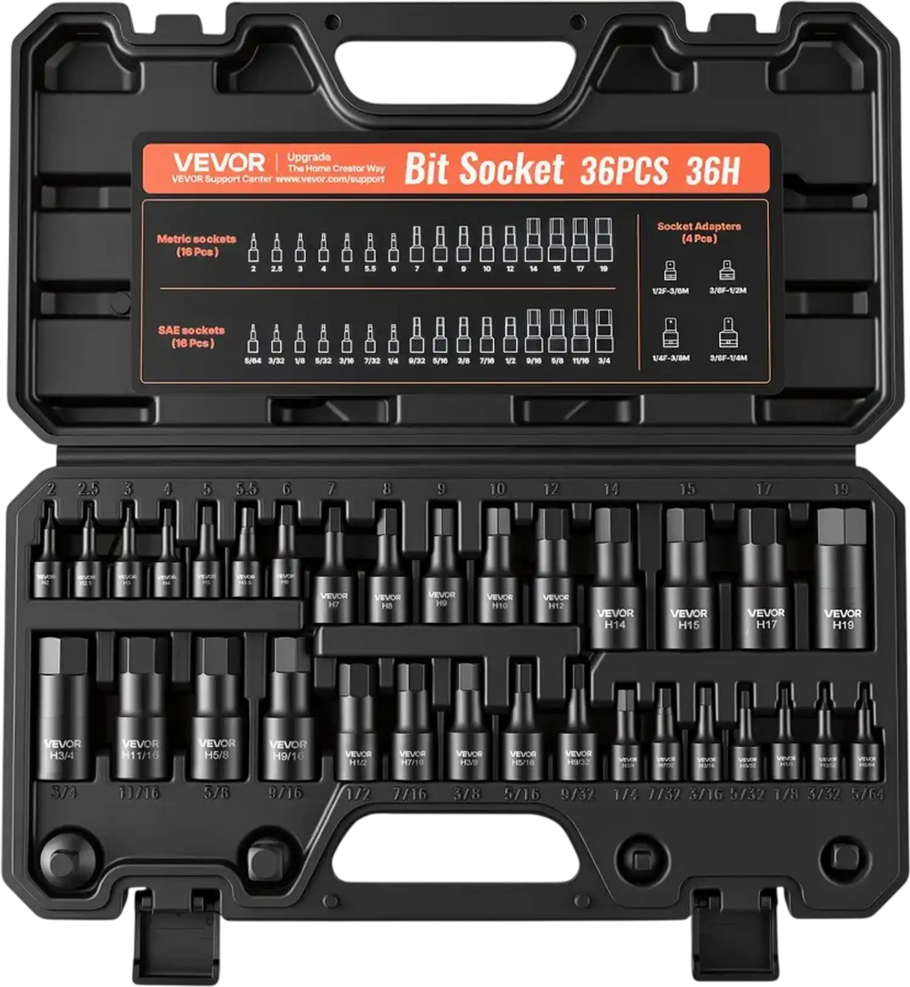 VEVOR Hex Bit Socket Set 36-Piece 1/4" 3/8" 1/2" Drive Hex Bit Sockets, for Auto Repair Mechanical Maintenance, SAE and Metric CR-V Steel Sockets with 4 Adapters, Storage Case, and Clear Markings
