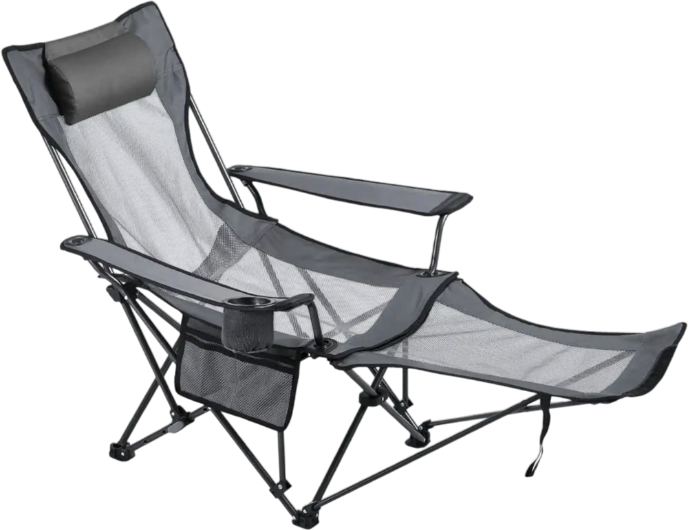 VEVOR Reclining Camping Chair, 4 Adjustable Positions, Portable Folding Lounger for Adults, Mesh Beach Chair with Headrest & Foot Rest, Supports 220 lbs, Heavy Duty Camp Chairs for Patio, Gray