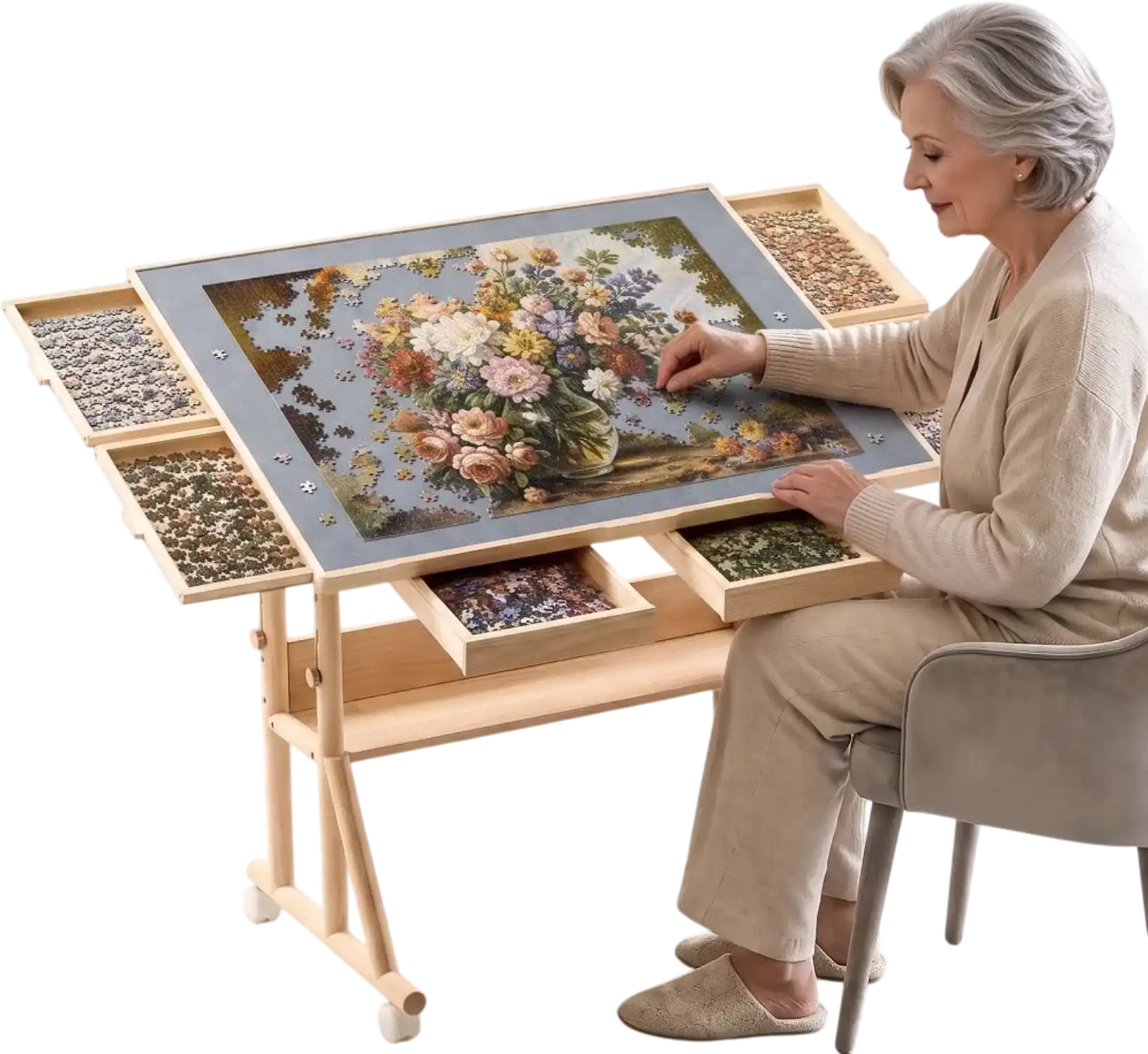 Vevor Puzzle Table 1500-Piece Adjustable Height Wooden Jigsaw Puzzle Board with Legs, Wheels, 4 Drawers & Cover 34
