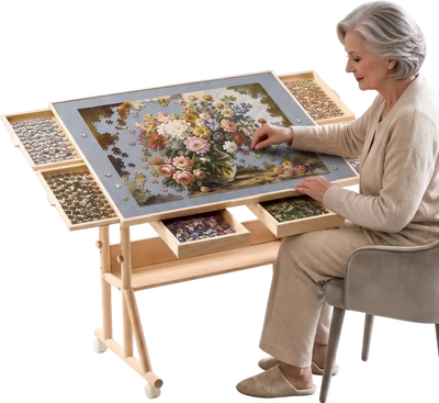Vevor Puzzle Table 1500-Piece Adjustable Height Wooden Jigsaw Puzzle Board with Legs, Wheels, 4 Drawers & Cover 34