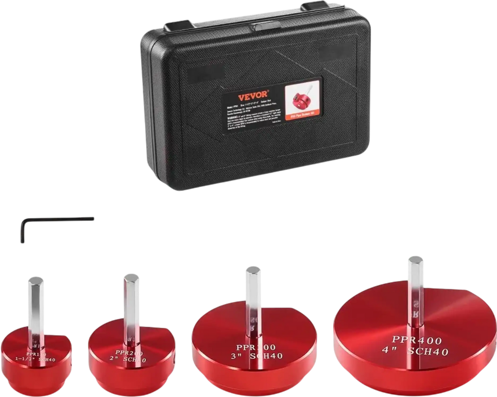 VEVOR 4Pcs PVC Pipe Reamer Kit, Plastic Pipe Fitting Socket Saver Tool Kit, Includes 1-1/2", 2", 3", 4", for PVC, CPVC, and ABS Fittings, with Tool Box, for Exhaust, Drain, Water Pipes Cleaning