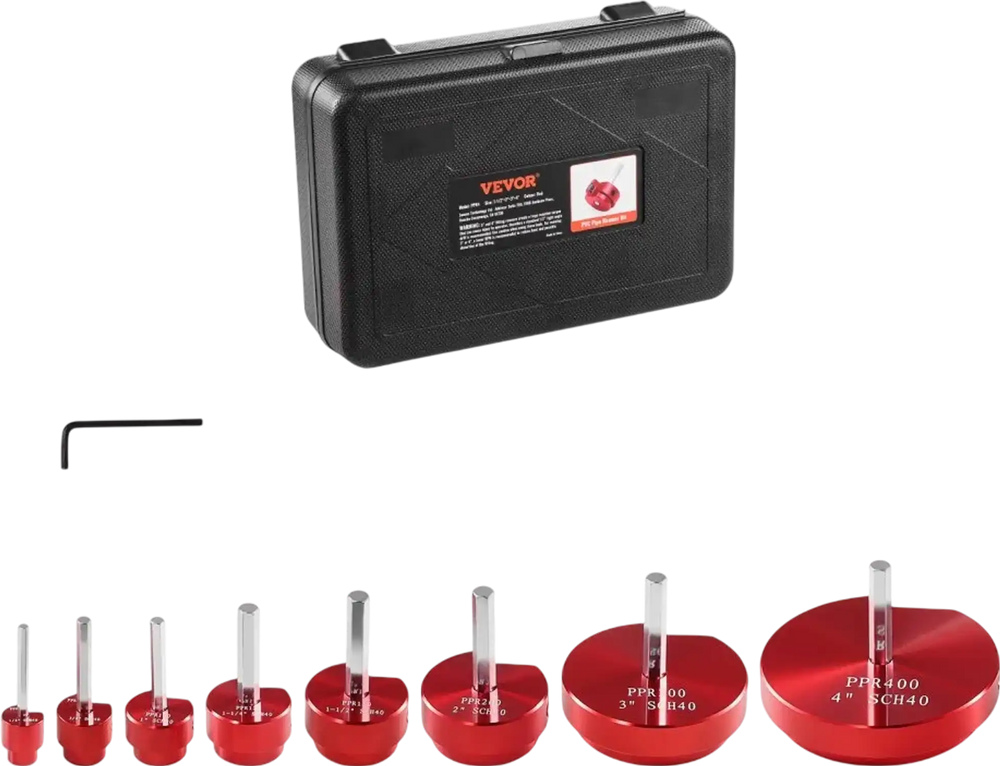 VEVOR 8Pcs PVC Pipe Reamer Kit, 8-Piece, Plastic Pipe Fitting Socket Saver Kit, Includes 1/2'', 3/4", 1", 1-1/4'', 1-1/2", 2", 3", 4'', for PVC, CPVC, ABS Fittings, for Exhaust, Drain, Water Pipes Cleaning