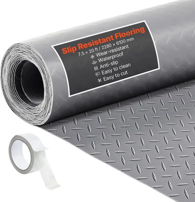 VEVOR Garage Floor Roll, 7.5 x 20 ft Garage Flooring Mat, 2.2 mm Thickened PVC Diamond Plate Floor Protector Mat with Double-sided Tape, Non-Slip, Easy to Clean for Warehouse, Gyms,Silver Gray