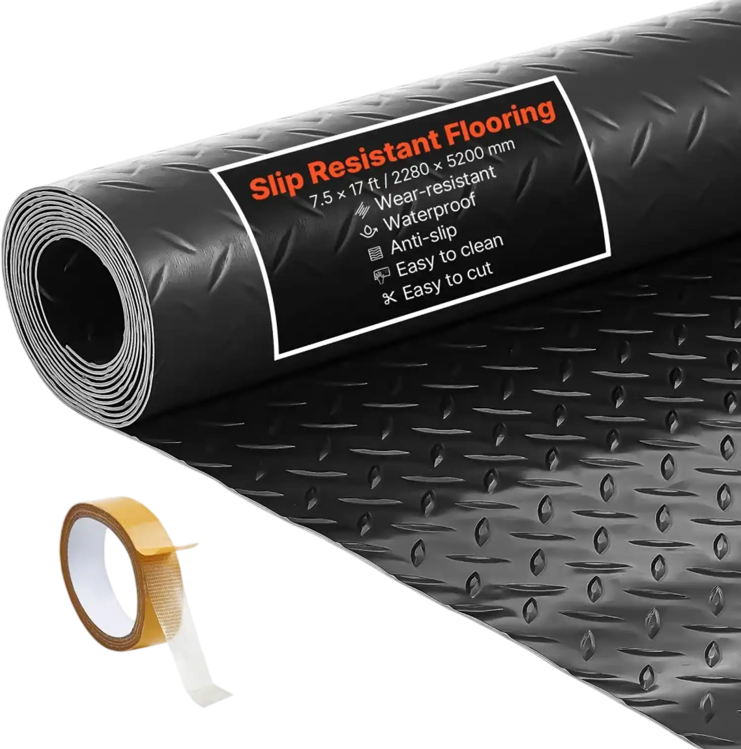 Vevor Garage Flooring Roll 7.5' x 17' PVC Diamond Plate Floor Mat Black New
