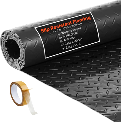 VEVOR Garage Floor Roll, 4 x 7 ft Garage Flooring Mat, 2.2 mm Thickened PVC Diamond Plate Floor Protector Mat with Double-sided Tape, Non-Slip, Easy to Clean for Warehouse, Gyms, Trailer, Black