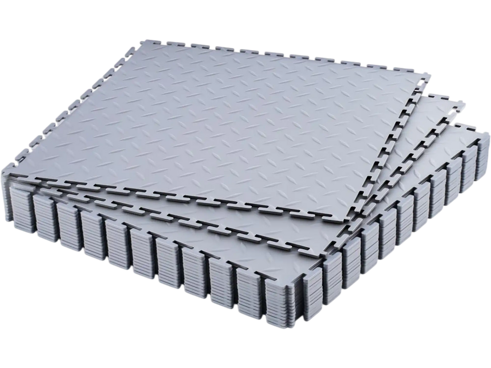 VEVOR Garage Floor Tiles Interlocking, 16 Pack 20.2 x 20.2 x 0.2 in Interlocking Modular Garage Flooring Tiles, Diamond Plate Slip-Resistant PVC Mats for Workshop,Warehouse,Tool Room, Light Gray