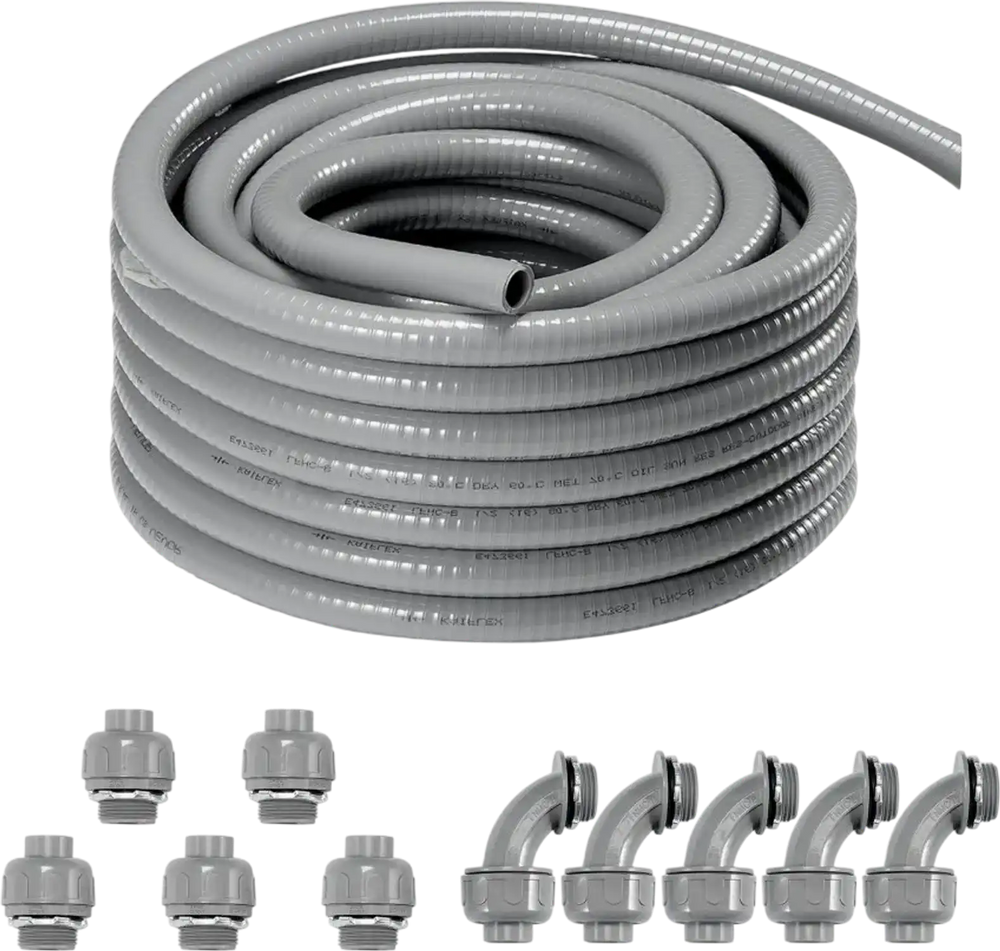 VEVOR 1/2-Inch Flexible Electrical Conduit, 100 ft, PVC Liquid-Tight Conduit Non-Metallic with 5 Straight and 5 90-Degree Conduit Connector Fittings, for Air Conditioning Motor Controller Pump, IP65