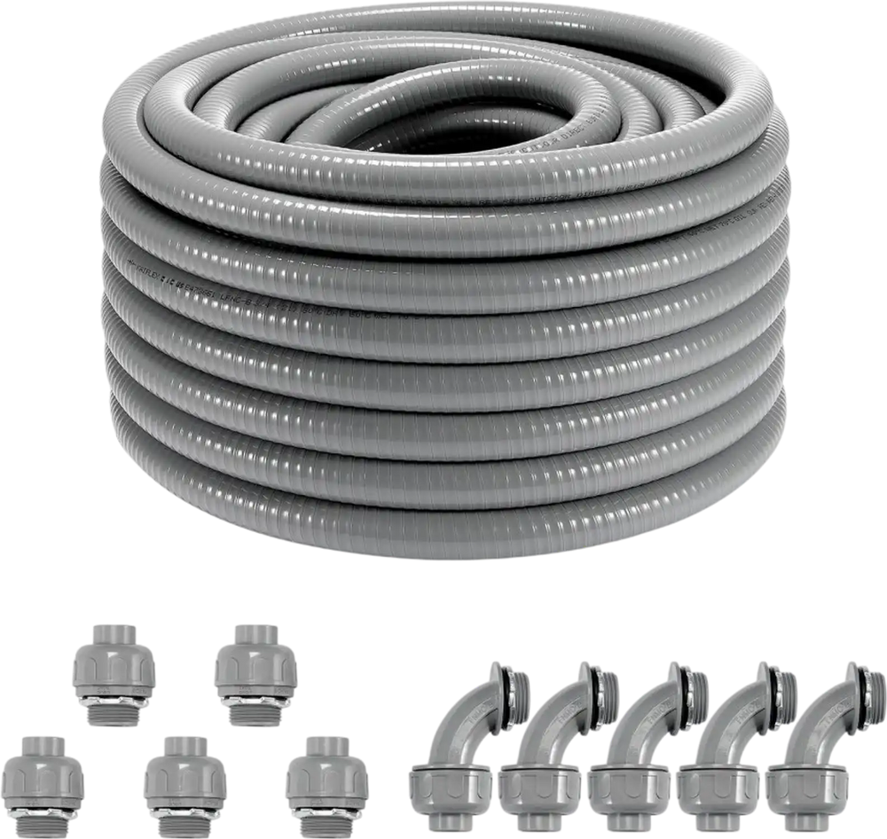 VEVOR 3/4-Inch Flexible Electrical Conduit, 100 ft, PVC Liquid-Tight Conduit Non-Metallic with 5 Straight and 5 90-Degree Conduit Connector Fittings, for Air Conditioning Motor Controller Pump, IP65