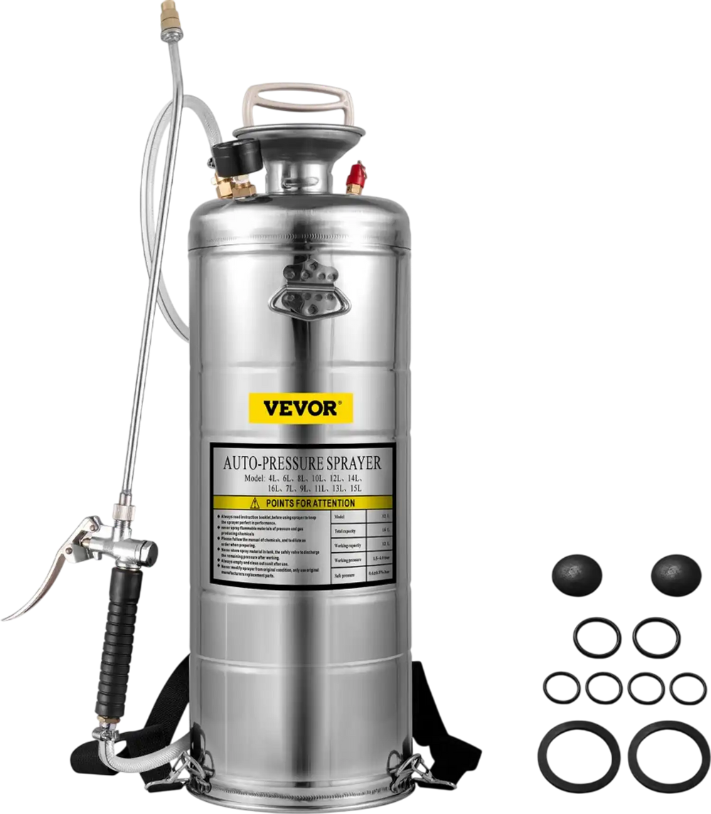 VEVOR 3.5Gal Stainless Steel Sprayer,l Set with 20\" Wand& Handle& 3FT Reinforced Hose, Hand Pump Sprayer with Pressure Gauge&Safety Valve, Adjustable Nozzle Suitable for Gardening& Sanitizing