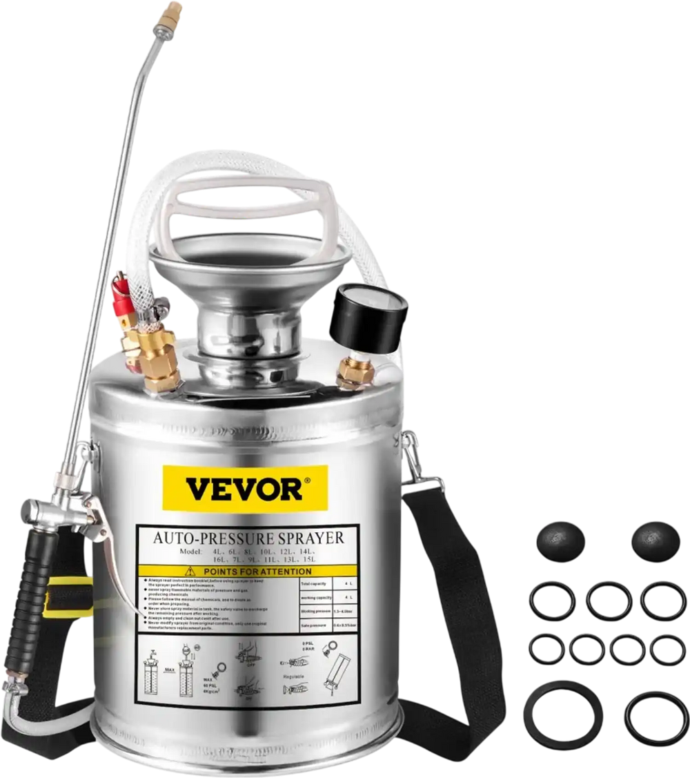 1 Gallon Stainless Steel Sprayer, 12" Wand & 3FT Reinforced Hose, Hand Pump Sprayer with Pressure Gauge, Safety Valve & Adjustable Nozzle, Garden Weed Sprayer for Lawn, Gardening, Sanitizing