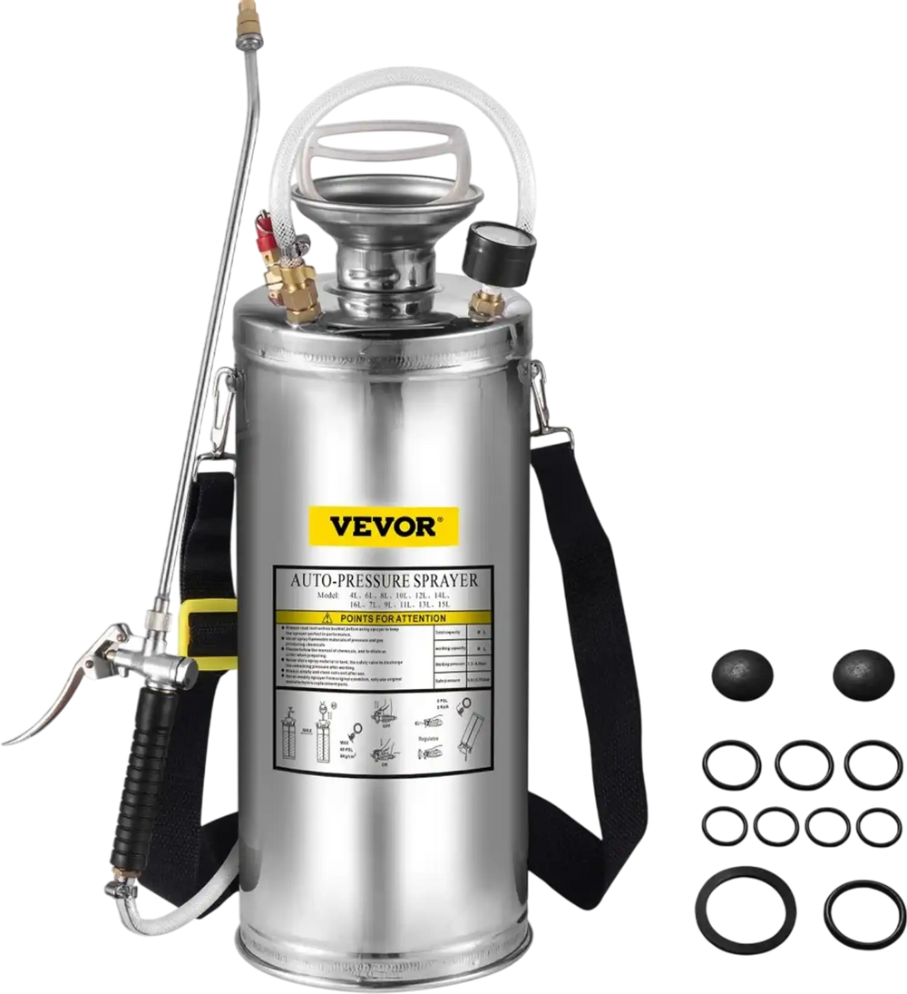 VEVOR 2Gal Stainless Steel Sprayer, Set with 20\" Wand& Handle& 3FT Reinforced Hose, Hand Pump Sprayer with Pressure Gauge&Safety Valve, Adjustable Nozzle Suitable for Gardening and Sanitizing