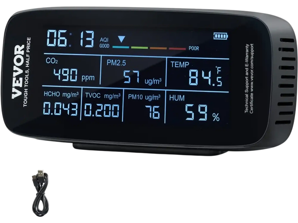 VEVOR Air Quality Monitor 9-IN-1, CO2, Temperature, Humidity, Formaldehyde TVOC AQI Tester, Professional PM2.5 PM10 PM1.0 Particle Counter for Indoor/Outdoor, Air Quality Meter  w/Alarm Thresholds