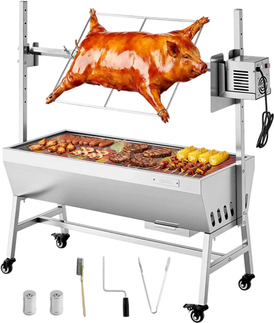 VEVOR Rotisserie Grill, 38W BBQ Outdoor Pig & Lamb Spit Roaster, Charcoal Spit Roaster with 132 LBS Capacity, Wheels & 7-Level Height, Stainless Steel Electric Rotisserie Grill Kit for Camping Outdoor