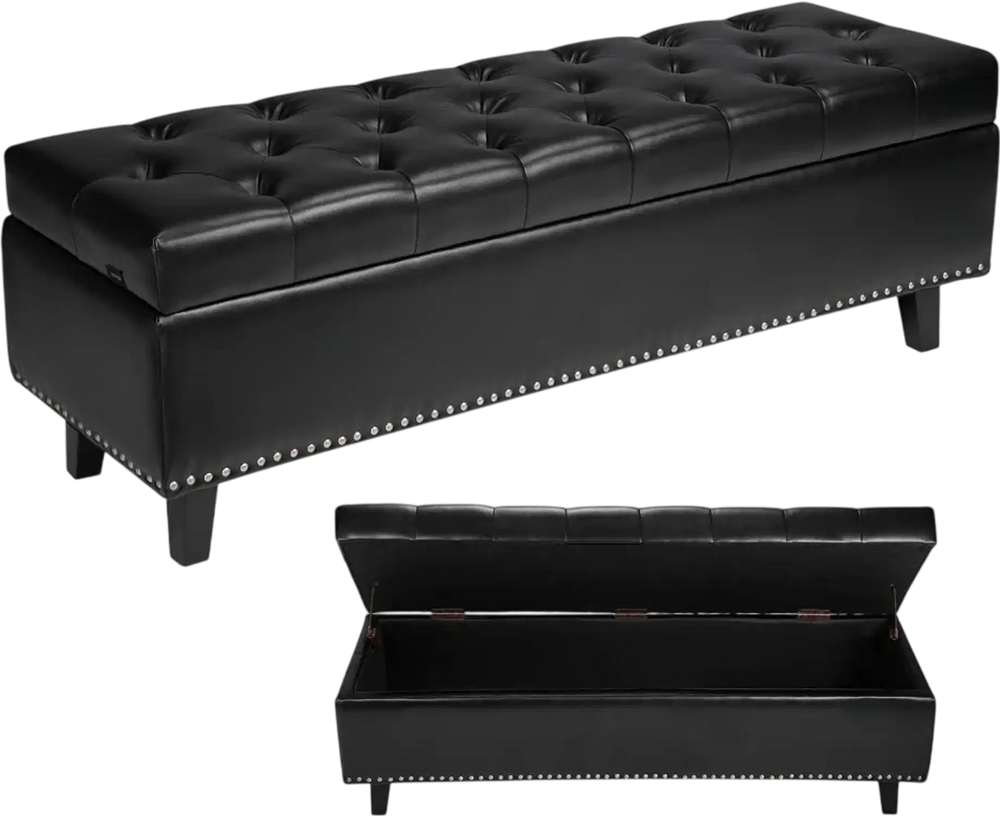VEVOR Button-Tufted Storage Ottoman Bench, PU Leather Bench with Storage and Solid Wood Legs, Modern Shoe Benches Seat for Entryway, Upholstered End of Bed Benches for Living Room, Dining Room, Black