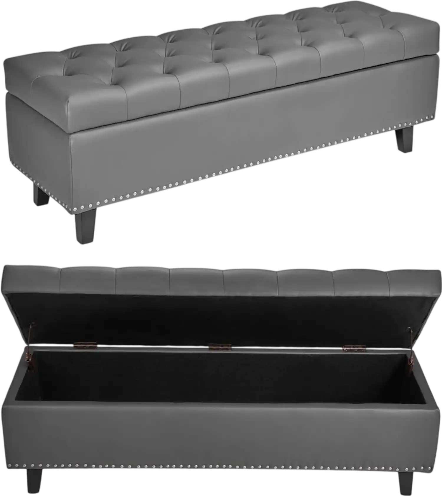 Vevor Storage Bench Button-Tufted PU Leather Ottoman with Wood Legs Gray New