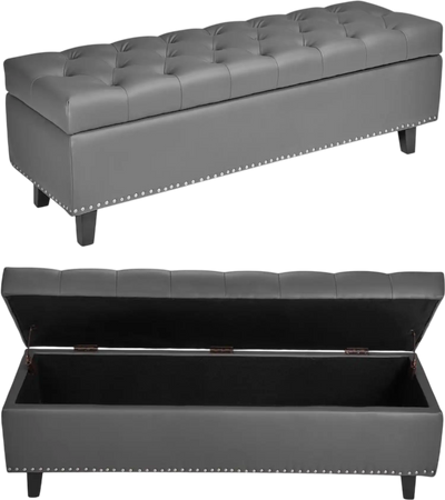 VEVOR Button-Tufted Storage Ottoman Bench, PU Leather Bench with Storage and Solid Wood Legs, Modern Shoe Benches Seat for Entryway, Upholstered End of Bed Benches for Living Room, Dining Room, Gray