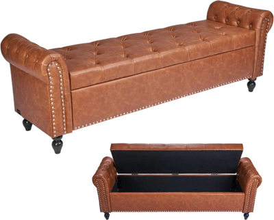 Vevor Storage Ottoman Bench Button-Tufted PU Leather Rolled Arm Brown New