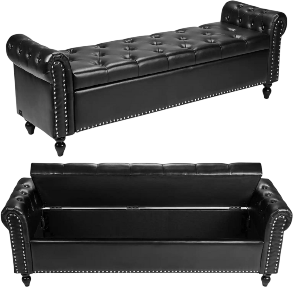 VEVOR Button-Tufted Storage Ottoman Bench, Rolled Arm PU Leather Bench with Solid Wood Legs, Modern Shoe Benches Seat for Entryway, Upholstered End of Bed Benches for Living Room, Dining Room, Black