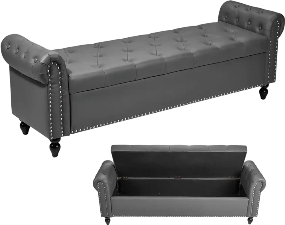 VEVOR Button-Tufted Storage Ottoman Bench, Rolled Arm PU Leather Bench with Solid Wood Legs, Modern Shoe Benches Seat for Entryway, Upholstered End of Bed Benches for Living Room, Dining Room, Gray