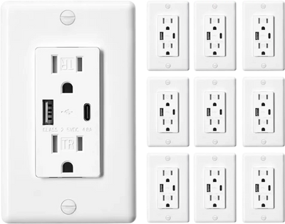VEVOR USB Wall Outlet, 24 W 15A Tamper Resistant Electrical Outlet with 1 Type C & 1 Type A Ports, 2 Three-prong AC Outlets, Screwless Wall Plate Included, Charging for Multiple Devices, White